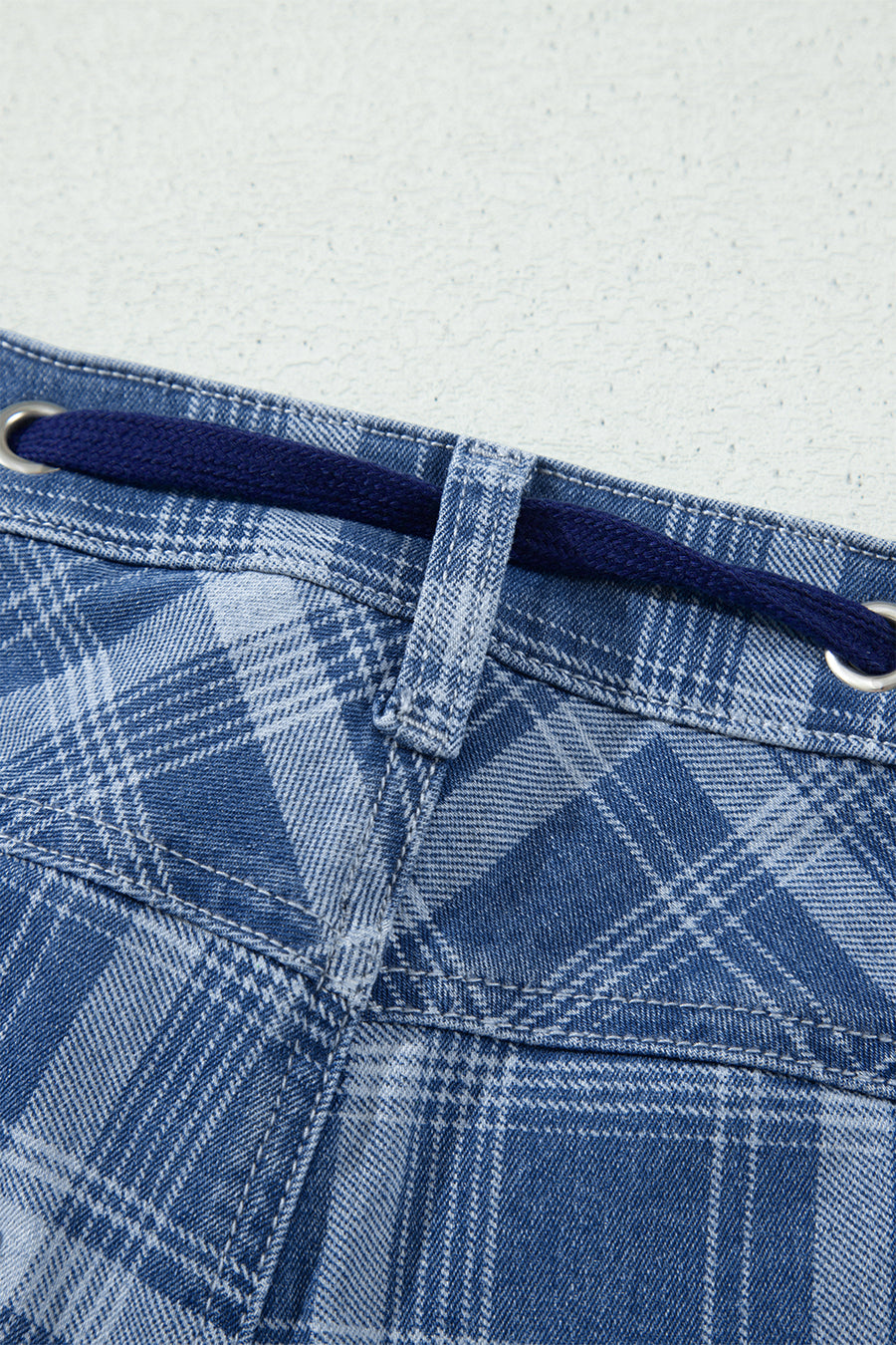 Plaid Denim Grommet Drawstring Waist Ankle-Length Jeans Women UK