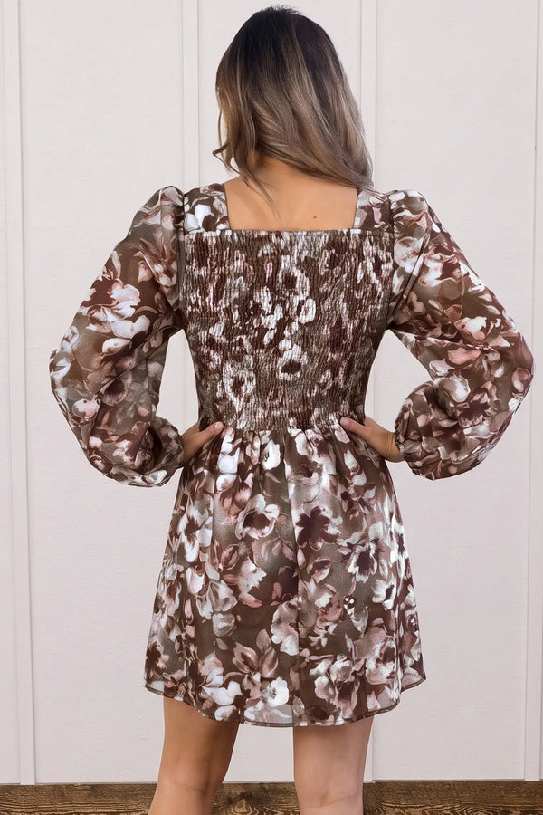 Brown Abstract Floral Square Neck Long Sleeve Mini Dress Women UK