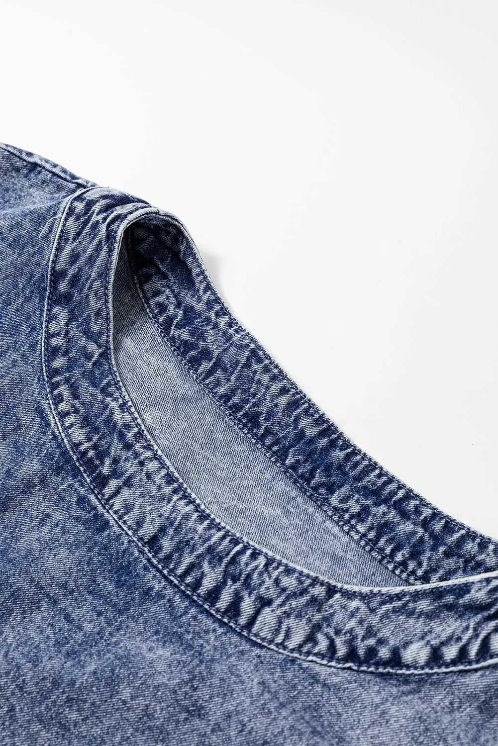 Denim Top - Dusk Blue Acid Wash Pearl Embellishments - Fashionfitz