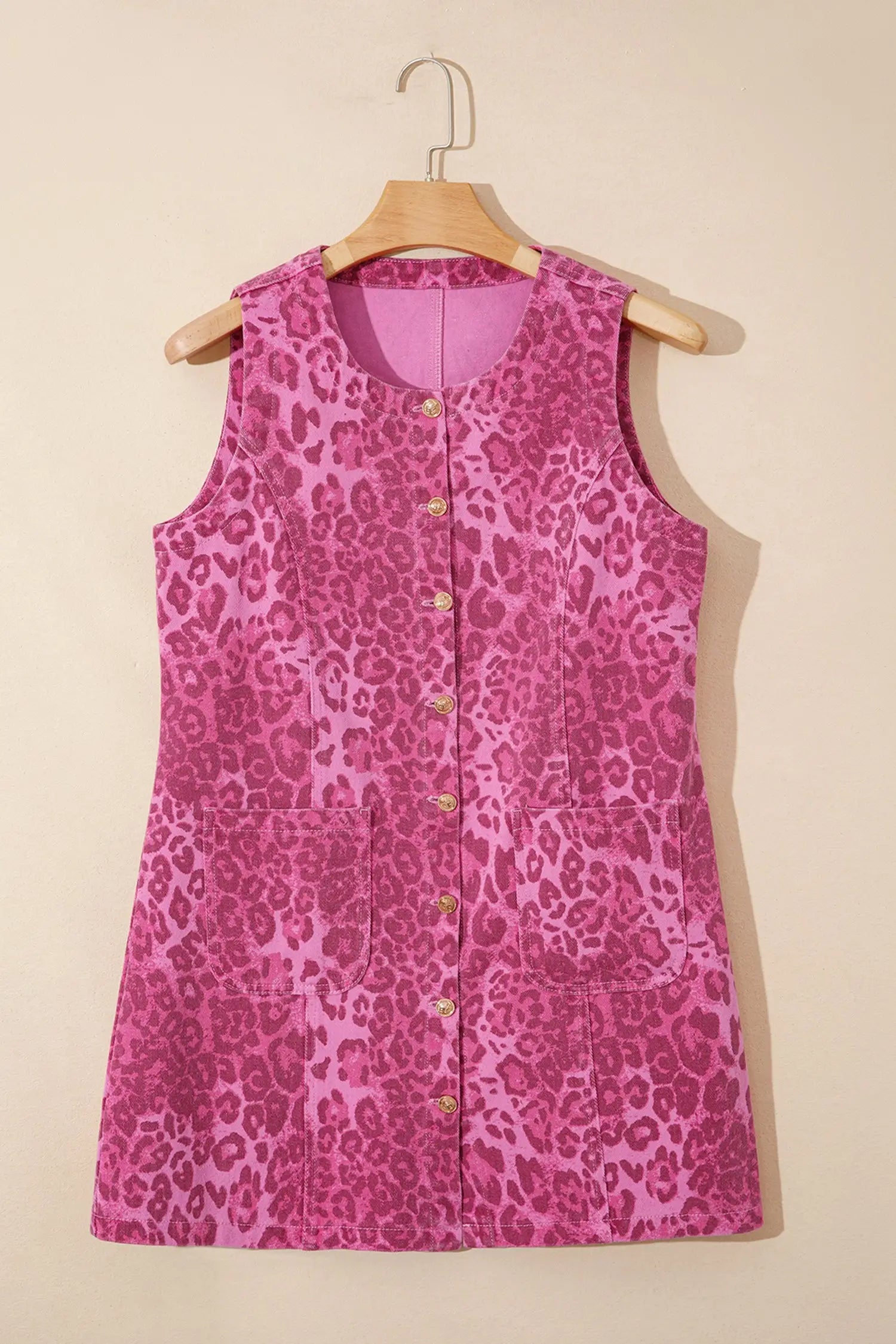 Leopard print denim shift dress button front sleeveless mini pockets dresses