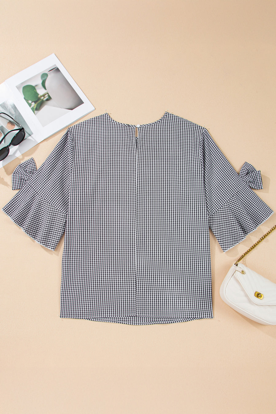 Plaid Bow Decor Bell Sleeve Plus Size Jumper Women UK