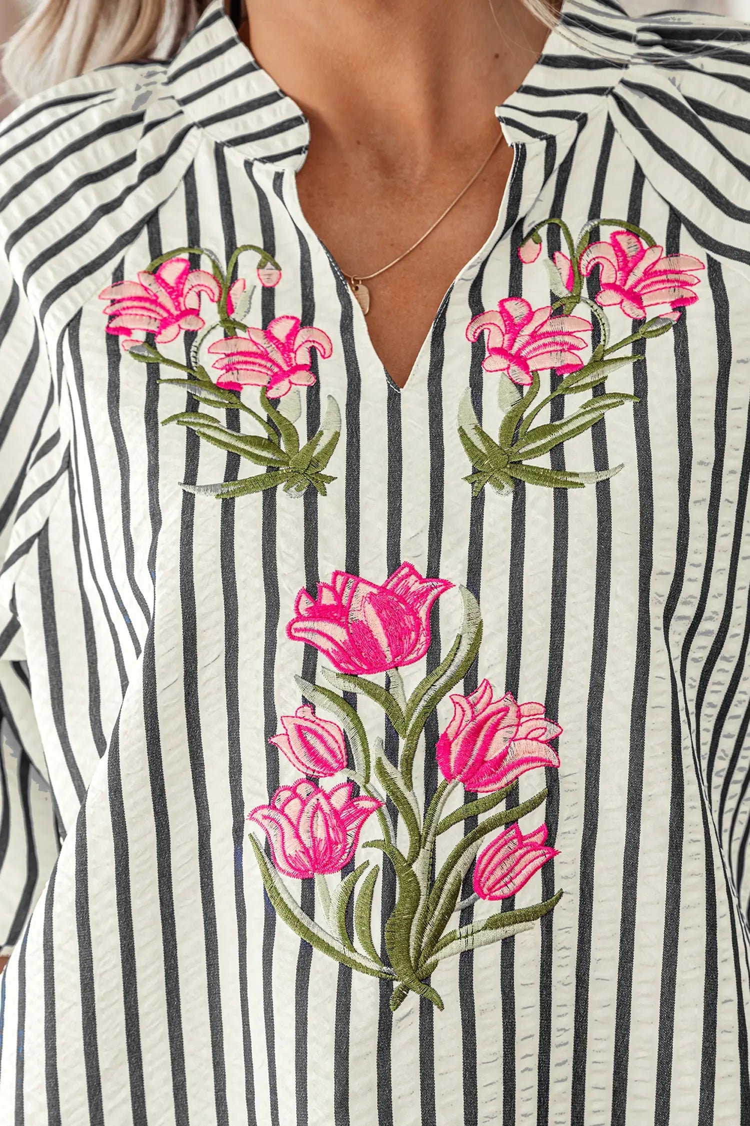Blue stripe floral embroidered blouse v neck short sleeve women uk | fashionfitz