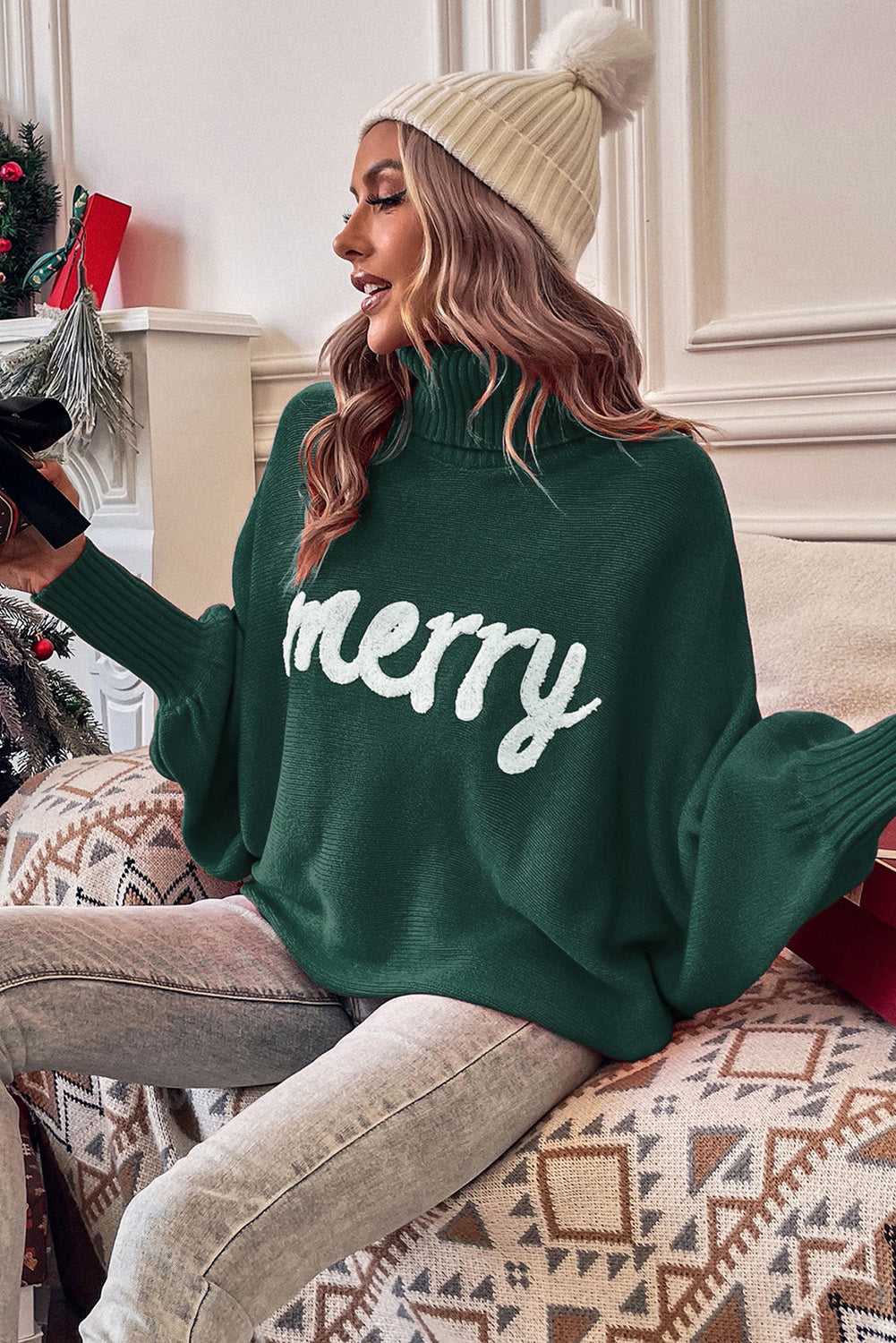 Side view of green Stylish High Neck Red Sweater - Christmas, showing cozy fit and ribbed turtleneck, ideal for winter celebrations.