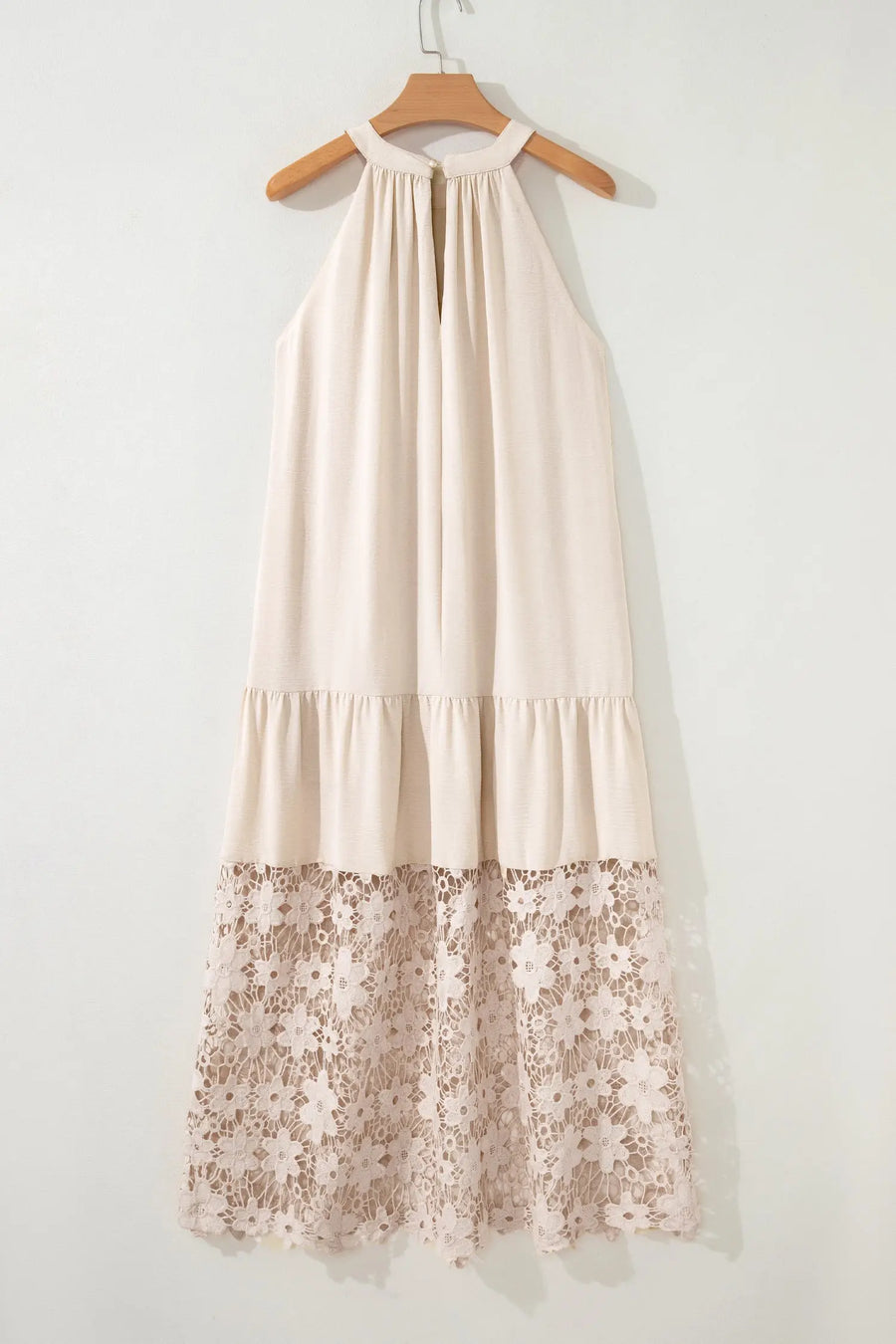 Beige Sheer Floral Lace Patchwork Loose Halter Maxi Dress Women UK