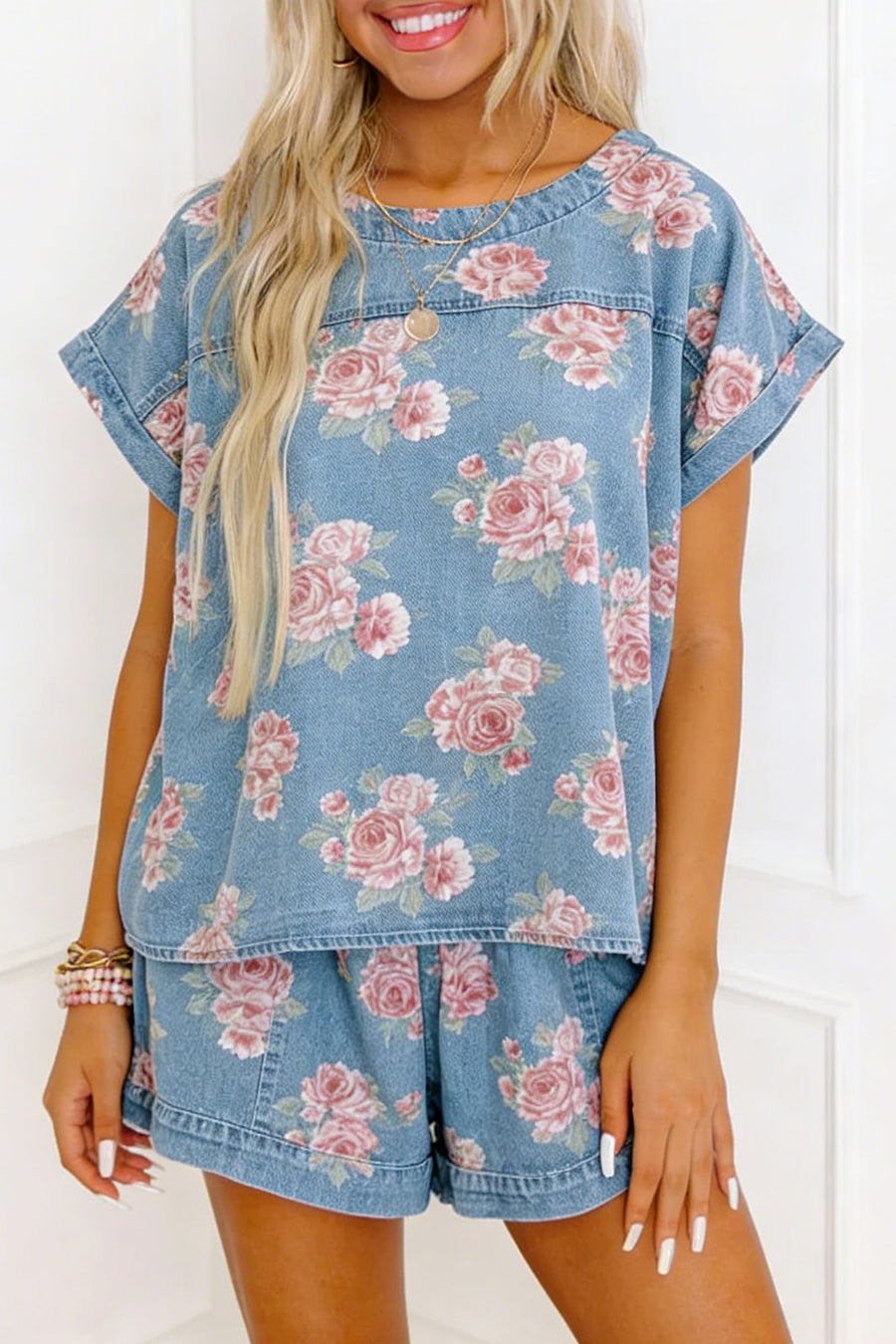 Floral Denim Short Sleeve Top and Shorts Co-Ord — close-up showing floral denim print and seam detail quality — Fashionfitz