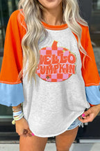 Hello Pumpkin sweatshirt in light grey with orange and blue sleeves, featuring a pink plaid pumpkin graphic, styled for fall fashion.