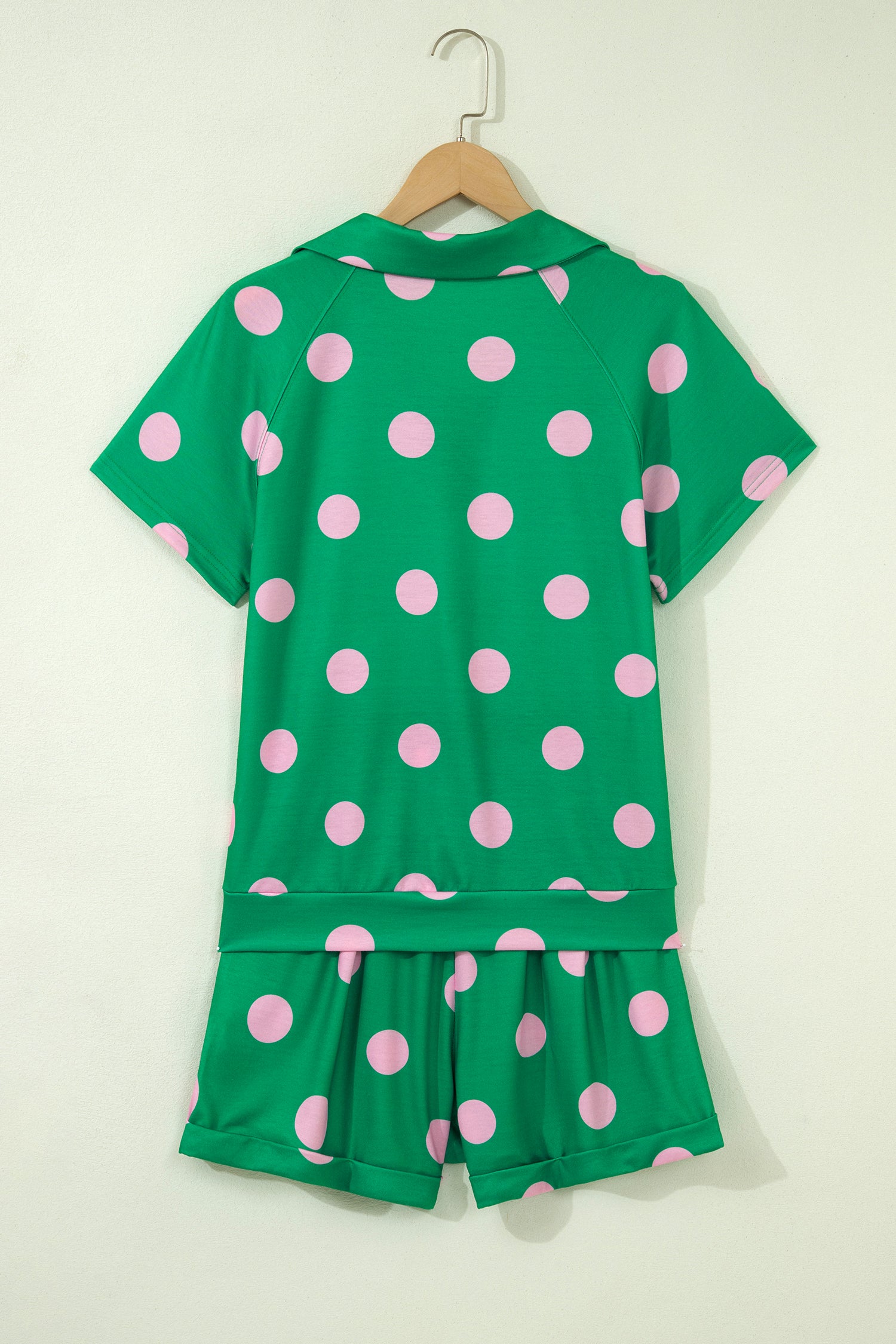 Polka Dot V Neck Short Sleeve Tee High Waist Drawstring Shorts Set