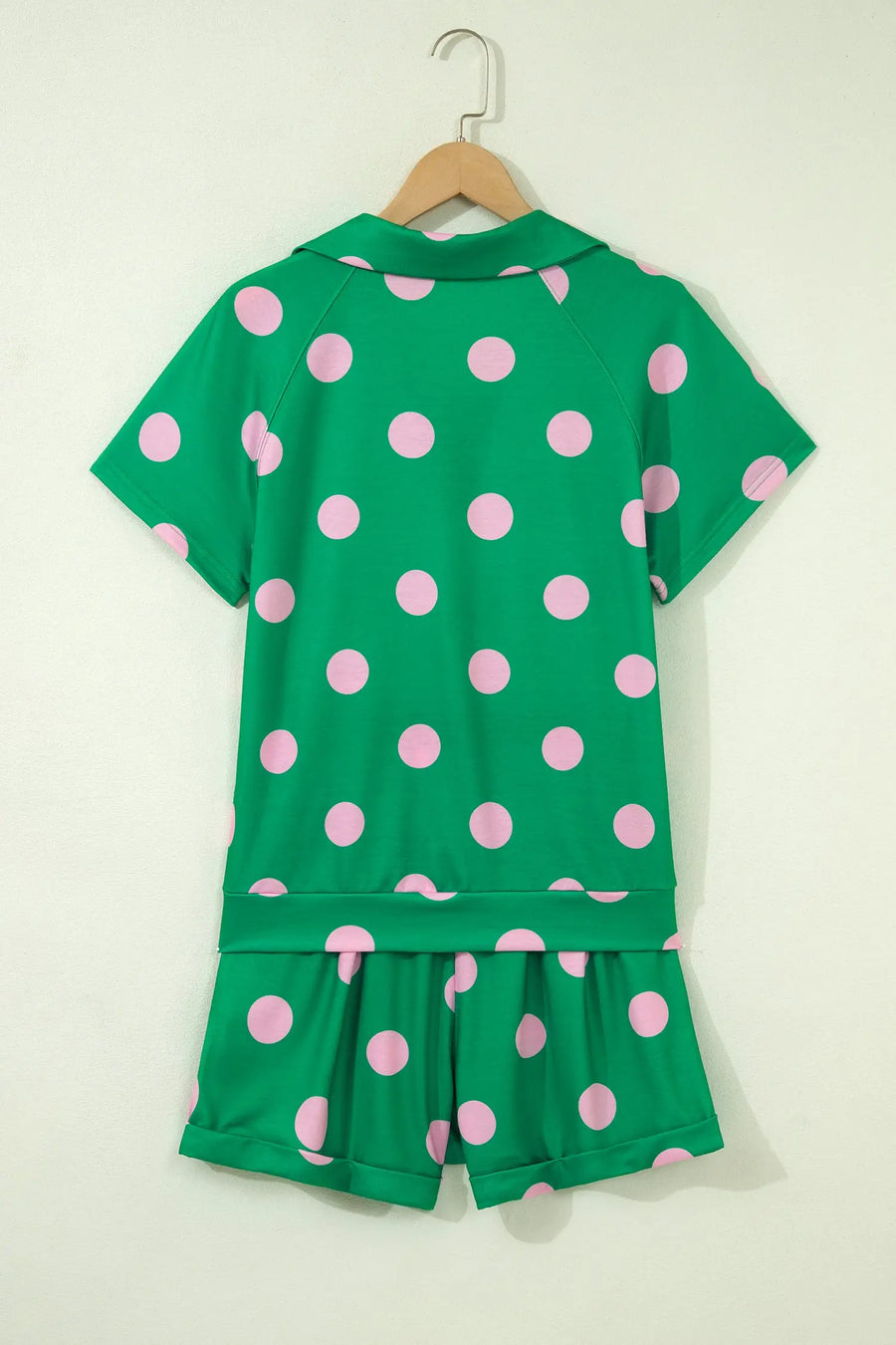 Polka Dot V Neck Short Sleeve Tee High Waist Drawstring Shorts Set