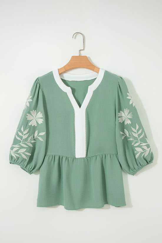 Smoke Green Embroidered Sleeve Tiered Blouse