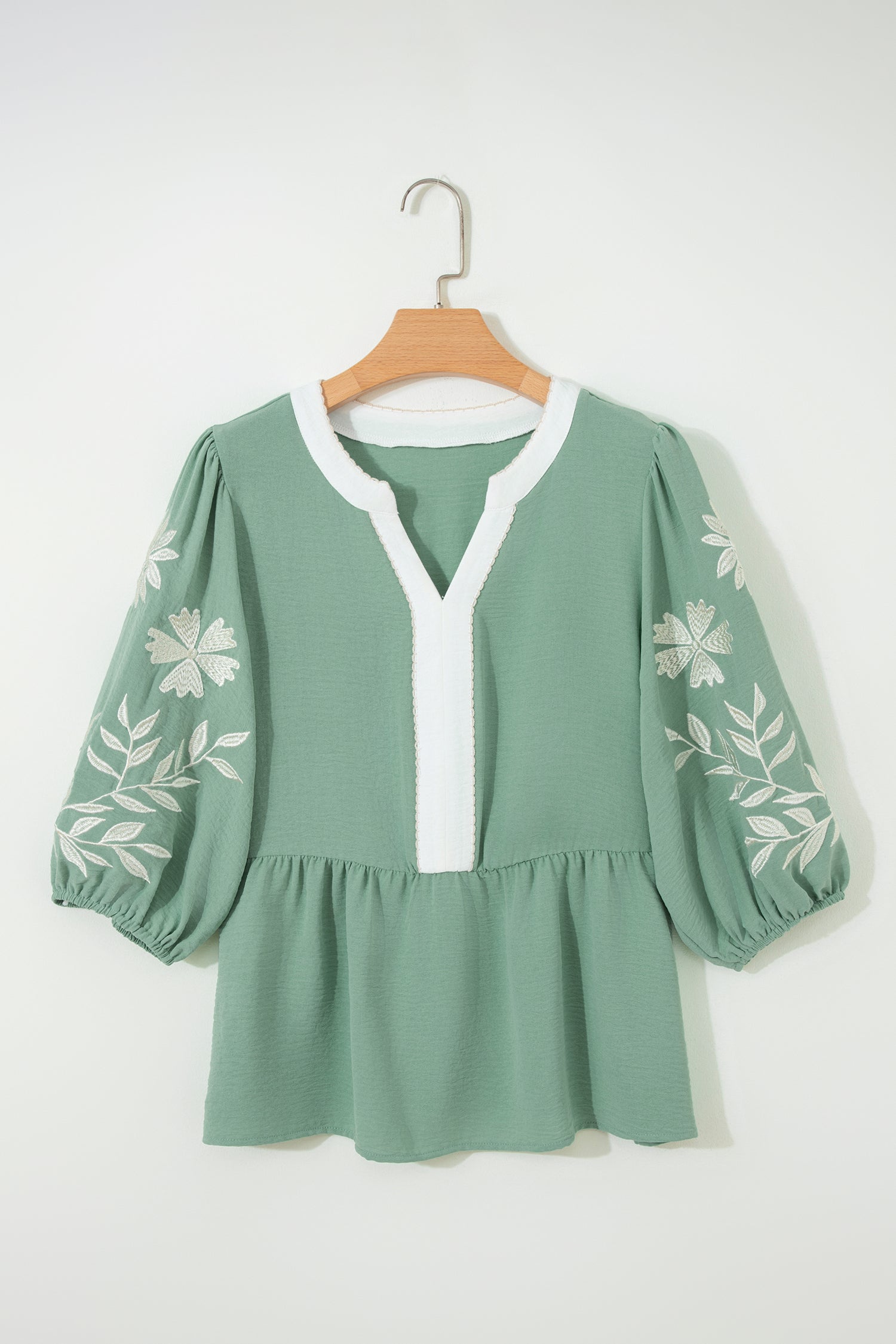 Smoke Green Embroidered Sleeve Tiered Blouse