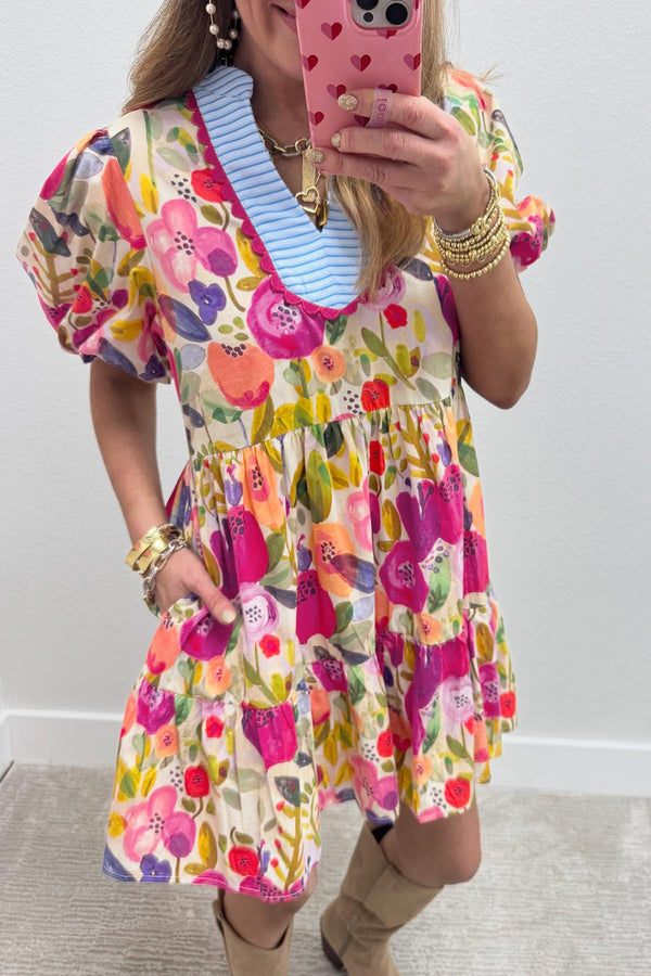 Rose floral ric-rac trim striped patchwork V neck dress women UK front view