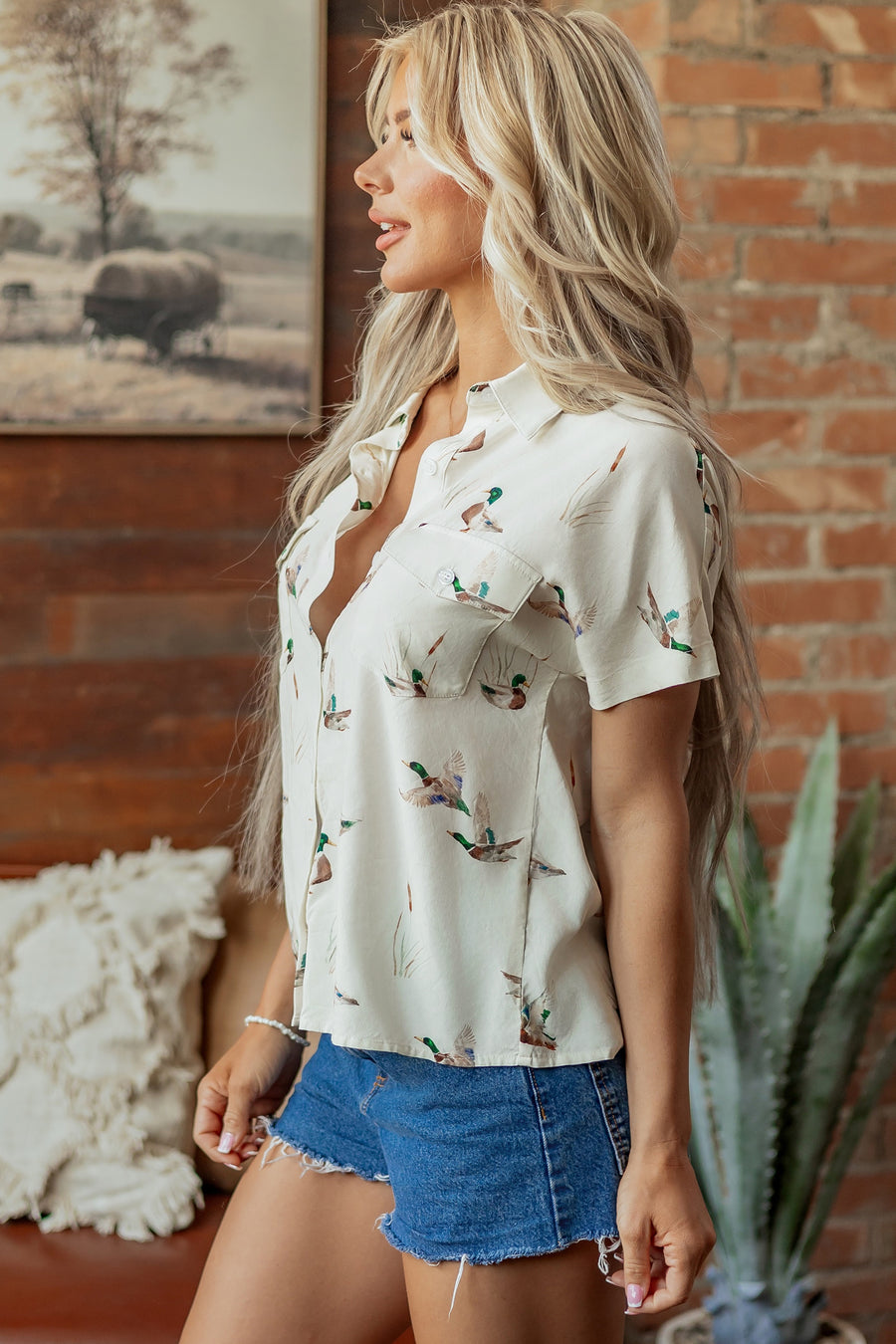 White Mallard Print Button Pocket Short Sleeve Shirt