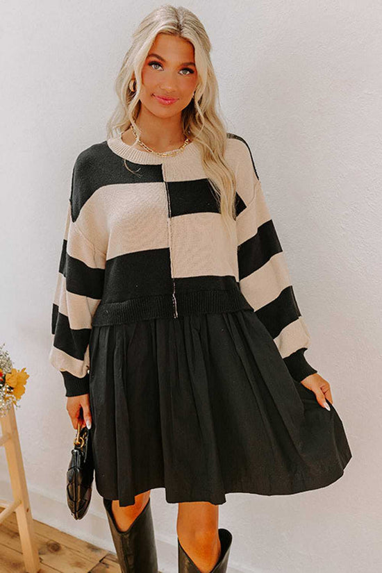 Front-facing model in Monochrome Knit Dress - Cozy & Stylish | FashionFitz showcasing playful color block pattern and H-line silhouette.