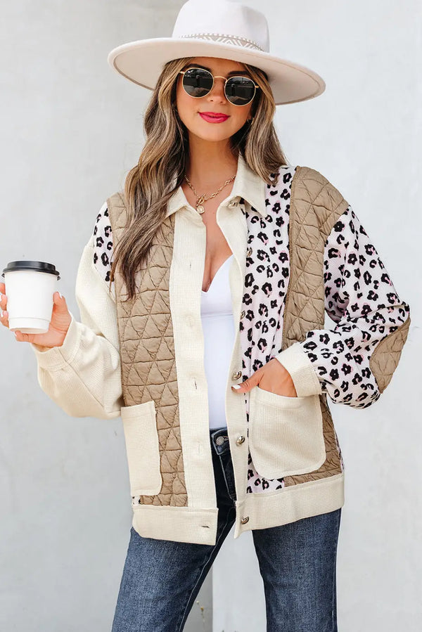 Khaki Leopard Waffle Quilted Jacket Women - Front View Patchwork Button Coat
