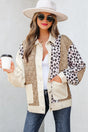 Khaki Leopard Waffle Quilted Jacket Women - Front View Patchwork Button Coat
