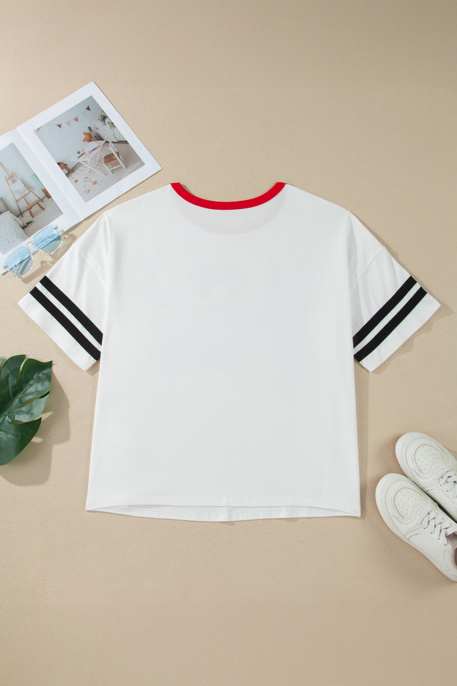 Plus Size Retro Stripe Trim Short Sleeve Tee Women UK