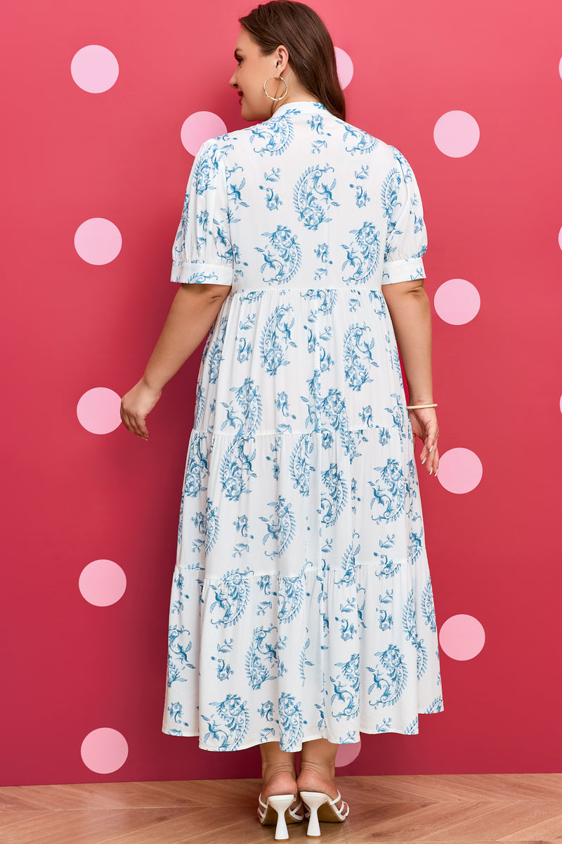 Sky Blue Plus Size Geometric Floral Split Neck Maxi Dress Women UK — back view