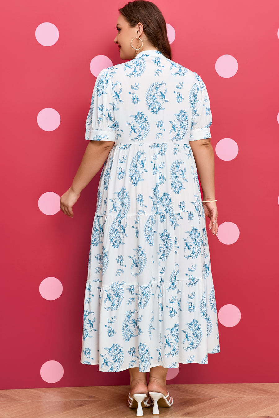 Sky Blue Plus Size Geometric Floral Split Neck Maxi Dress Women UK — back view