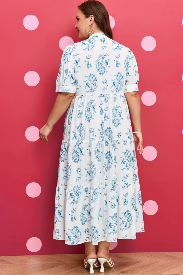 Sky Blue Plus Size Geometric Floral Split Neck Maxi Dress Women UK — back view