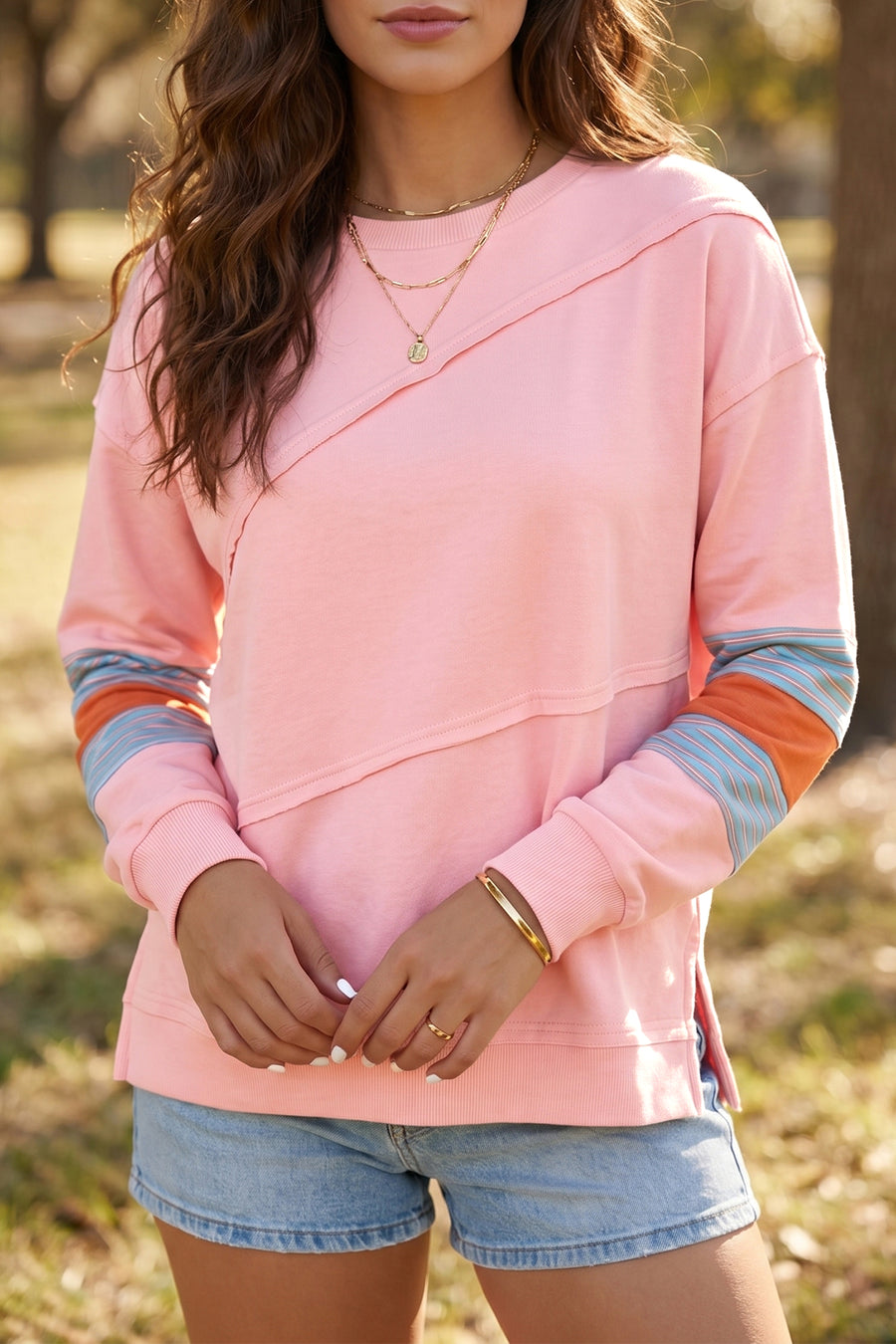 Colourblock striped patchwork long sleeve blouse women UK | Fashionfitz