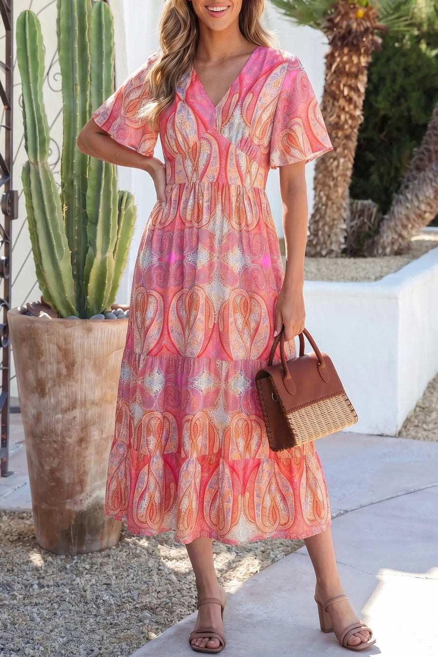 Multicolour Paisley V Neck Short Sleeve Boho Maxi Dress Women UK