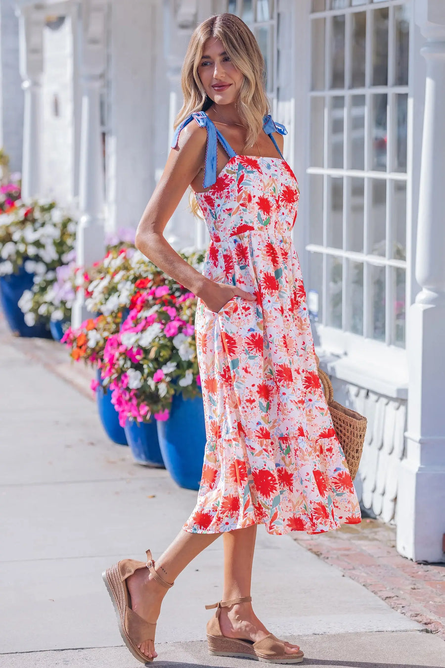 Yellow Floral Knot Denim Strap High Waist Shift Dress Women UK