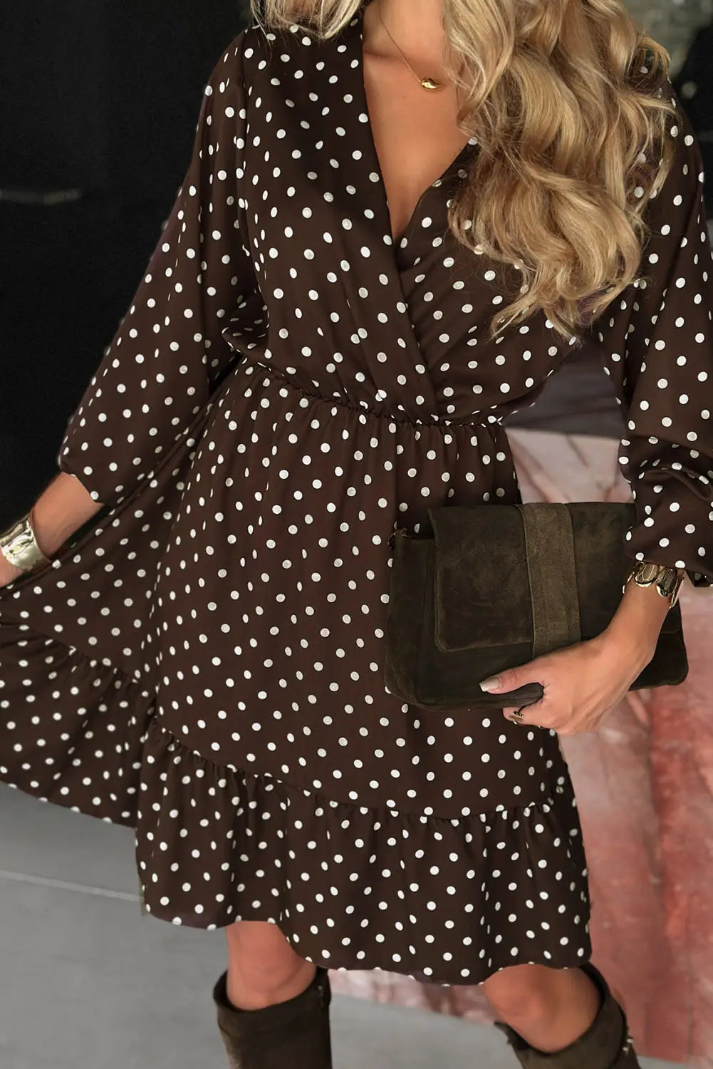 Chicory coffee polka dot long sleeve wrap v neck ruffle hem mini dress