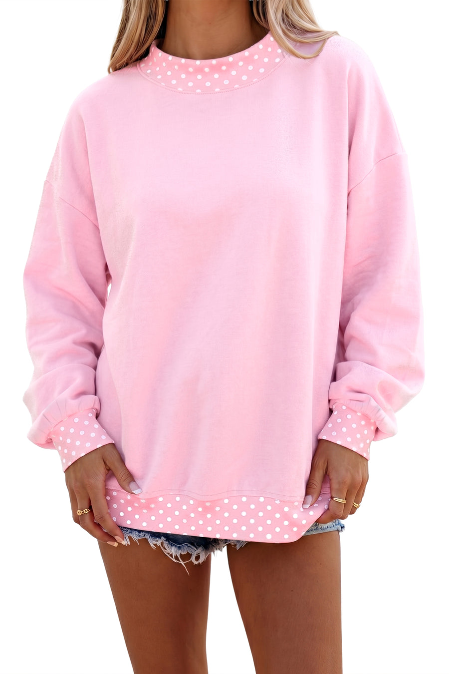 Pink Colorblock Polka Dot Contrast Trim Oversized Sweatshirt Women UK
