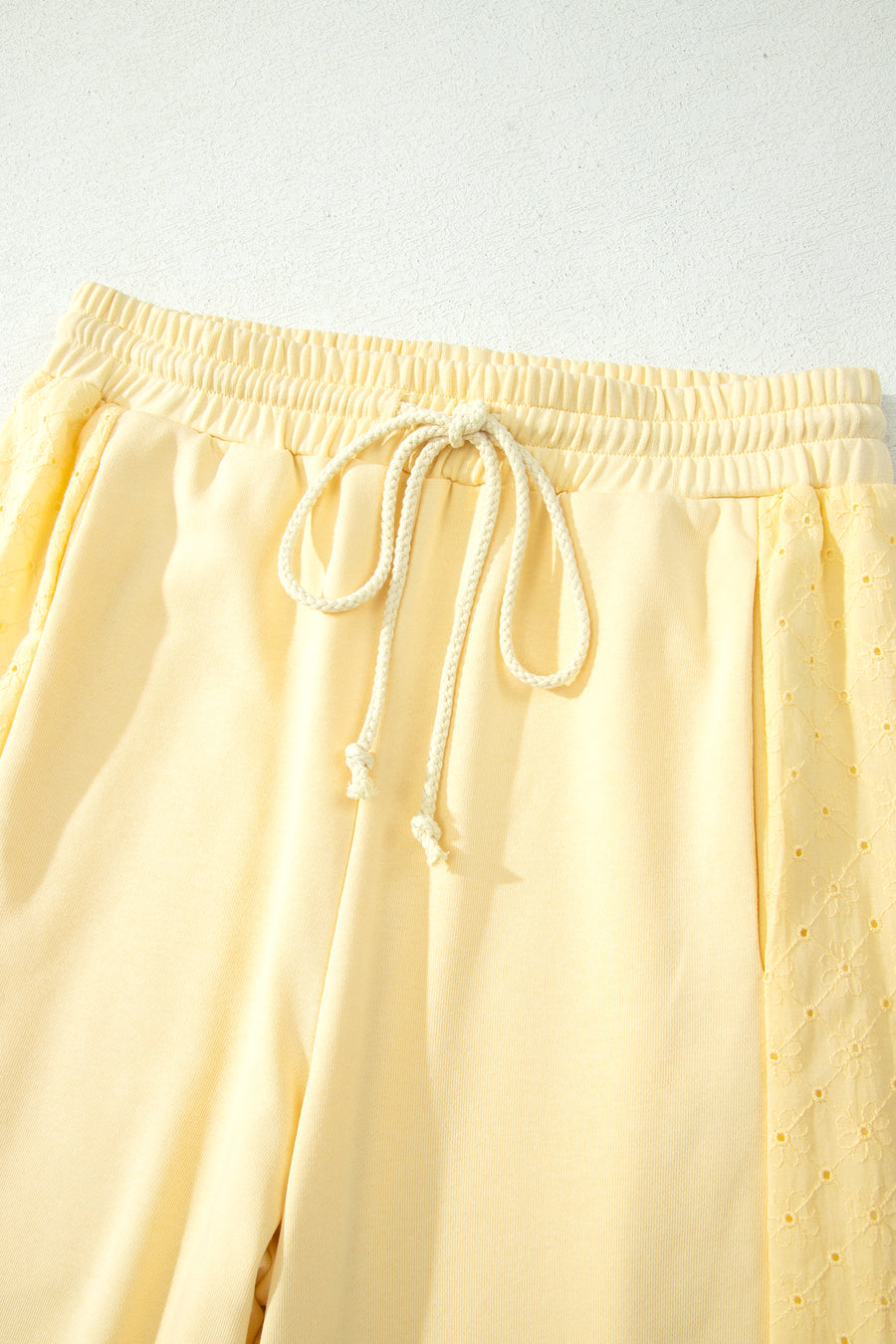 Butter yellow eyelet lace cropped pullover and drawstring pants set alternative angle — Fashionfitz UK