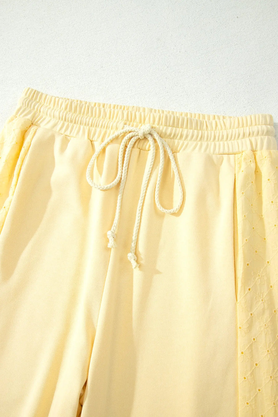 Butter yellow eyelet lace cropped pullover and drawstring pants set alternative angle — Fashionfitz UK