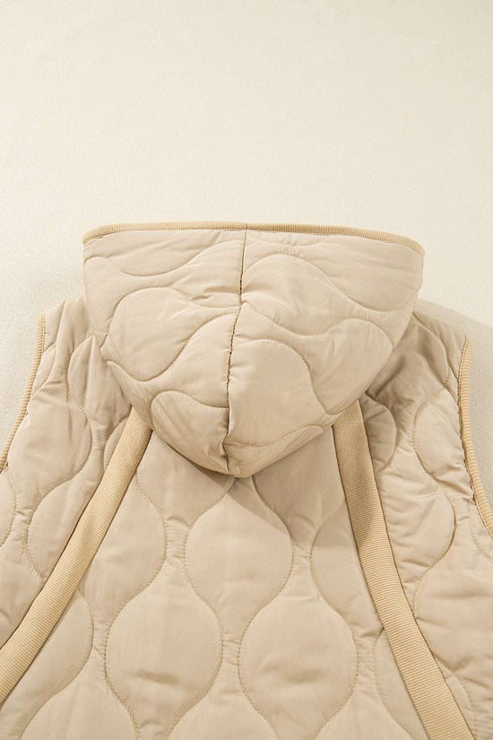 Back detail of khaki Quilted Fleece‑Lined Winter Gilet highlighting hood, quilted texture, and ribbed trim accents.