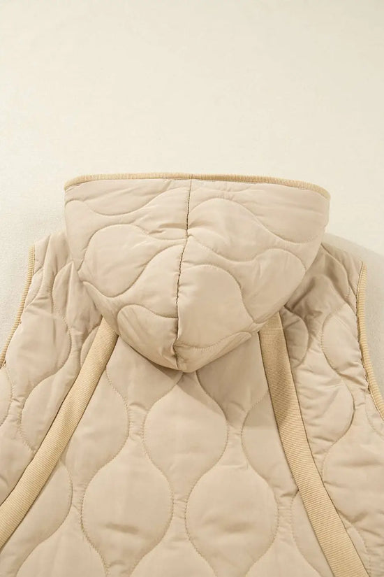 Back detail of khaki Quilted Fleece‑Lined Winter Gilet highlighting hood, quilted texture, and ribbed trim accents.
