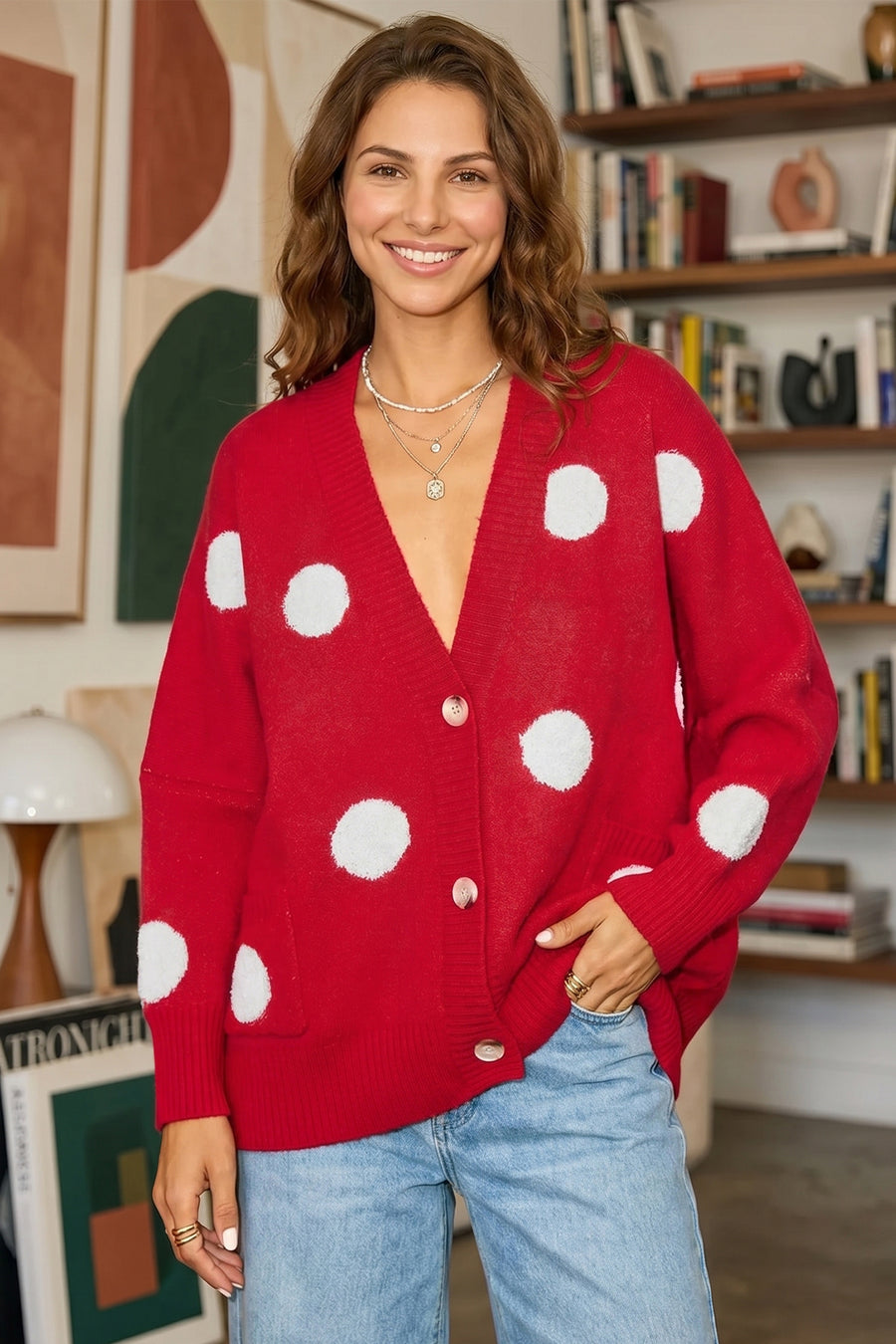 Polka Dot Button Front Oversized V-Neck Cardigan