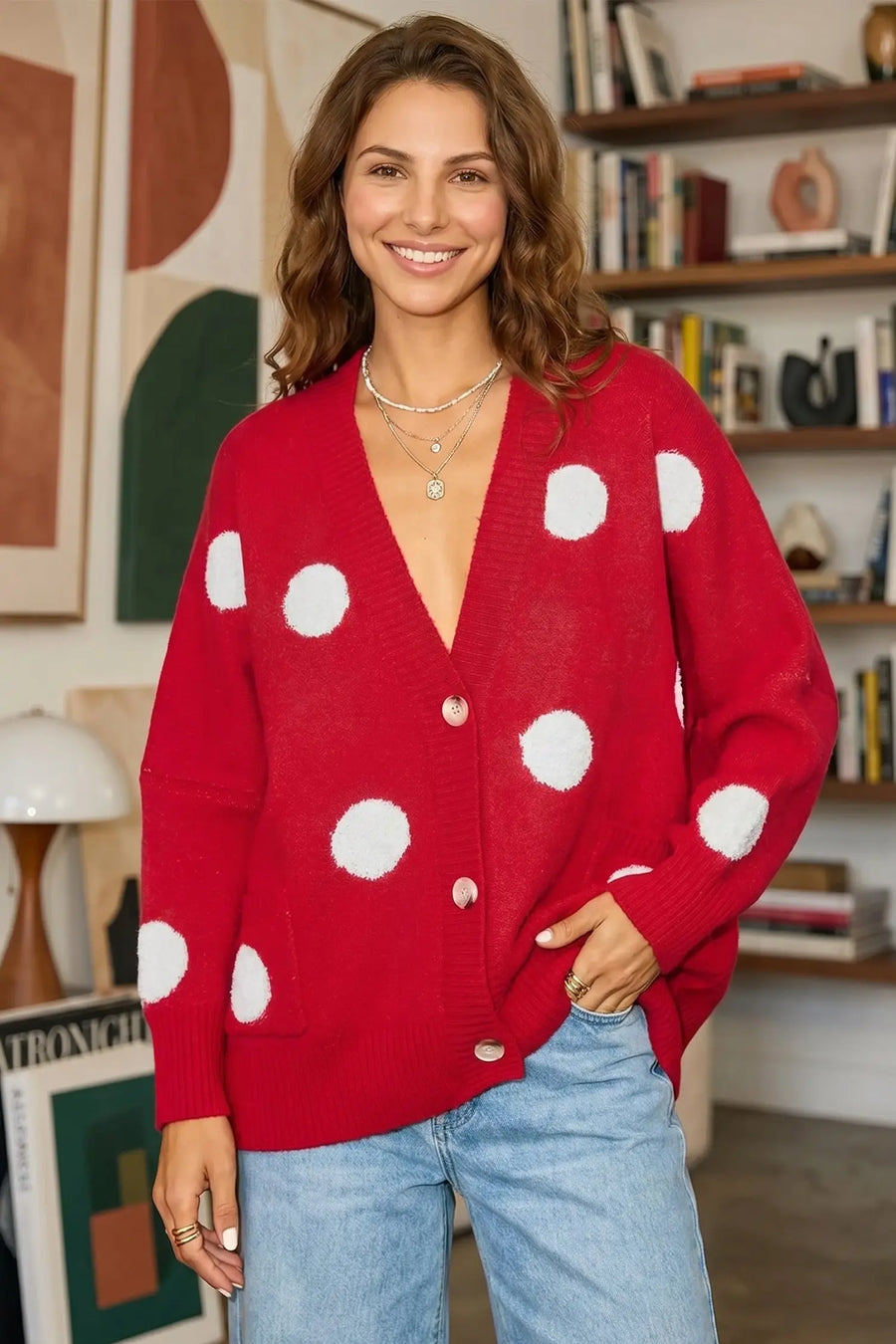 Polka Dot Button Front Oversized V-Neck Cardigan