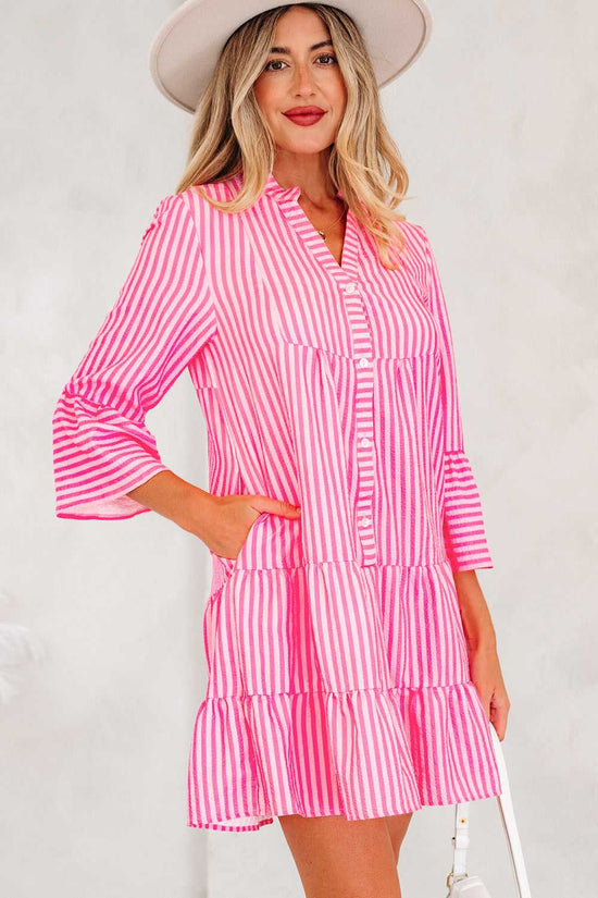 Pink striped tiered flowy mini dress women, button front, notched neck, casual spring style