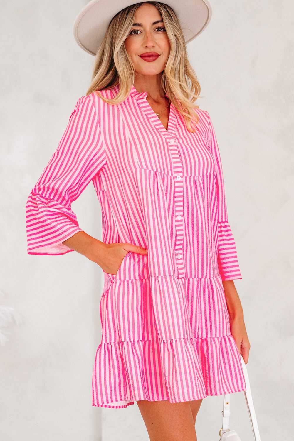 Pink striped tiered flowy mini dress women, button front, notched neck, casual spring style