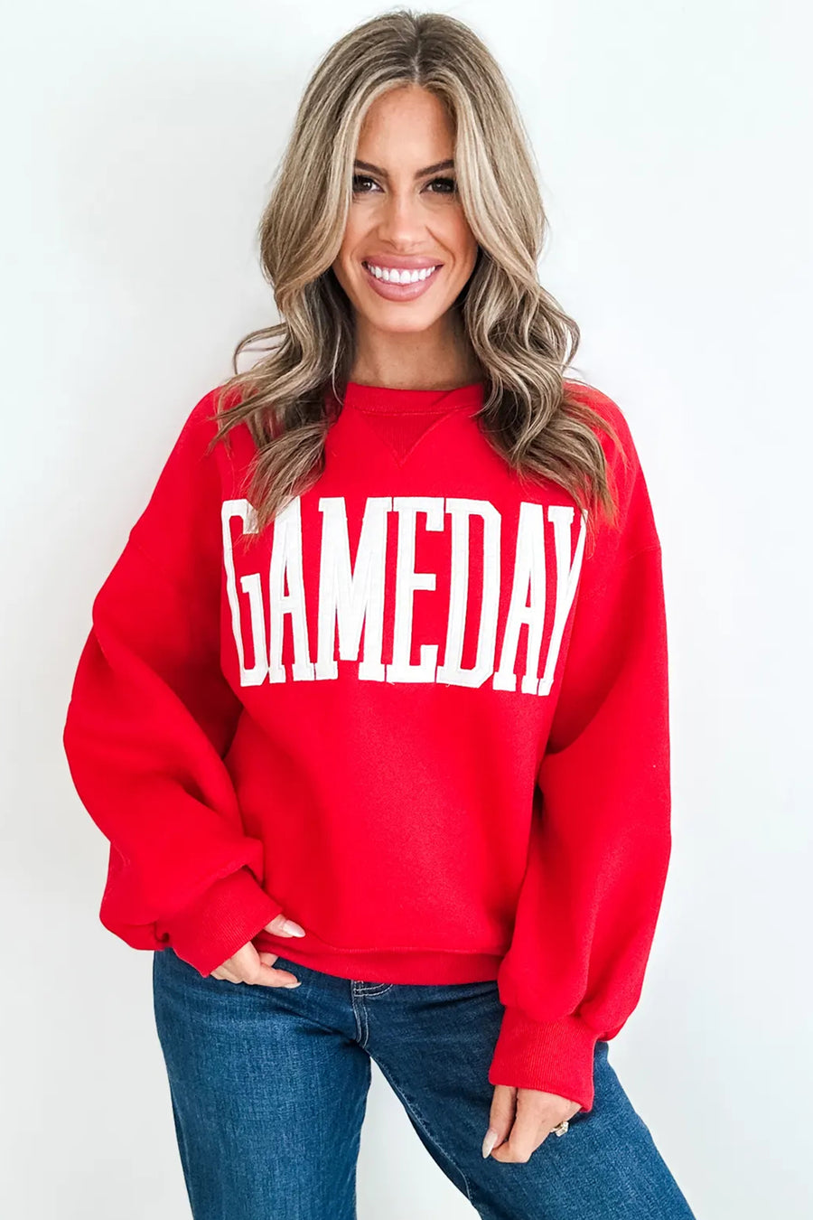 GAMEDAY embroidered patch sweatshirt — styled with jeans and trainers