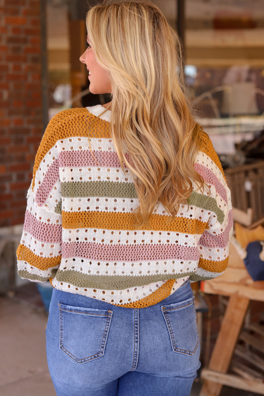 Knitted Loose Sweater - Striped Hollowed