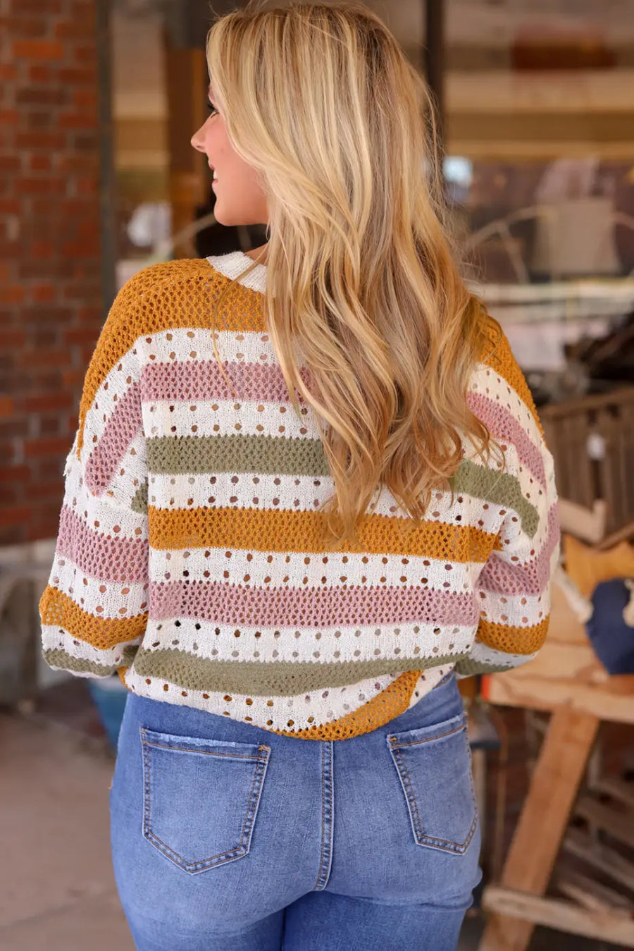 Chic multicolor striped hollow knit sweater | fashionfitz