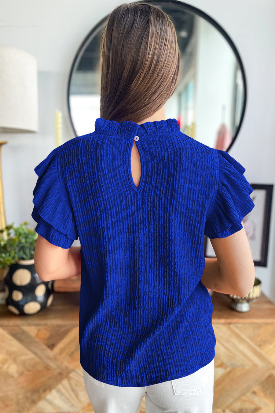 Black Textured Ruffle Trim Short Sleeve Blouse Women UK