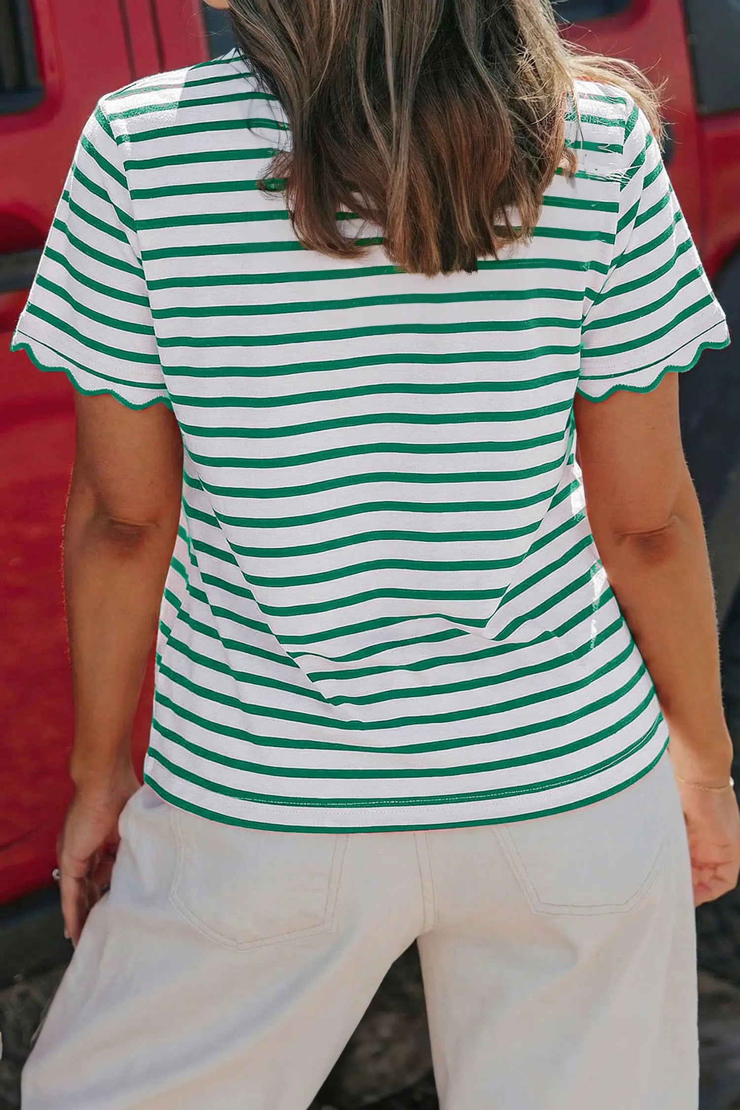Scalloped trim stripe cotton t-shirt round neck short sleeve t-shirts