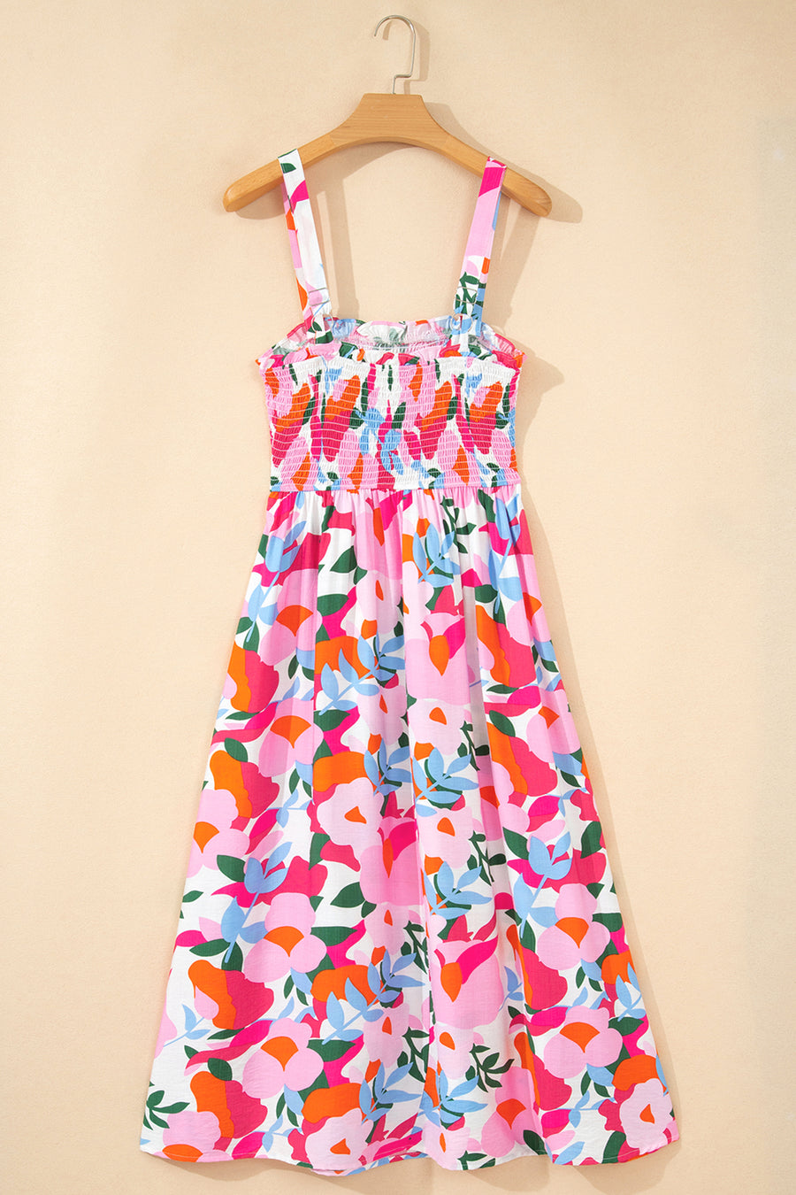 Floral Smocked High Waist Adjustable Strap Midi Sundress Women UK