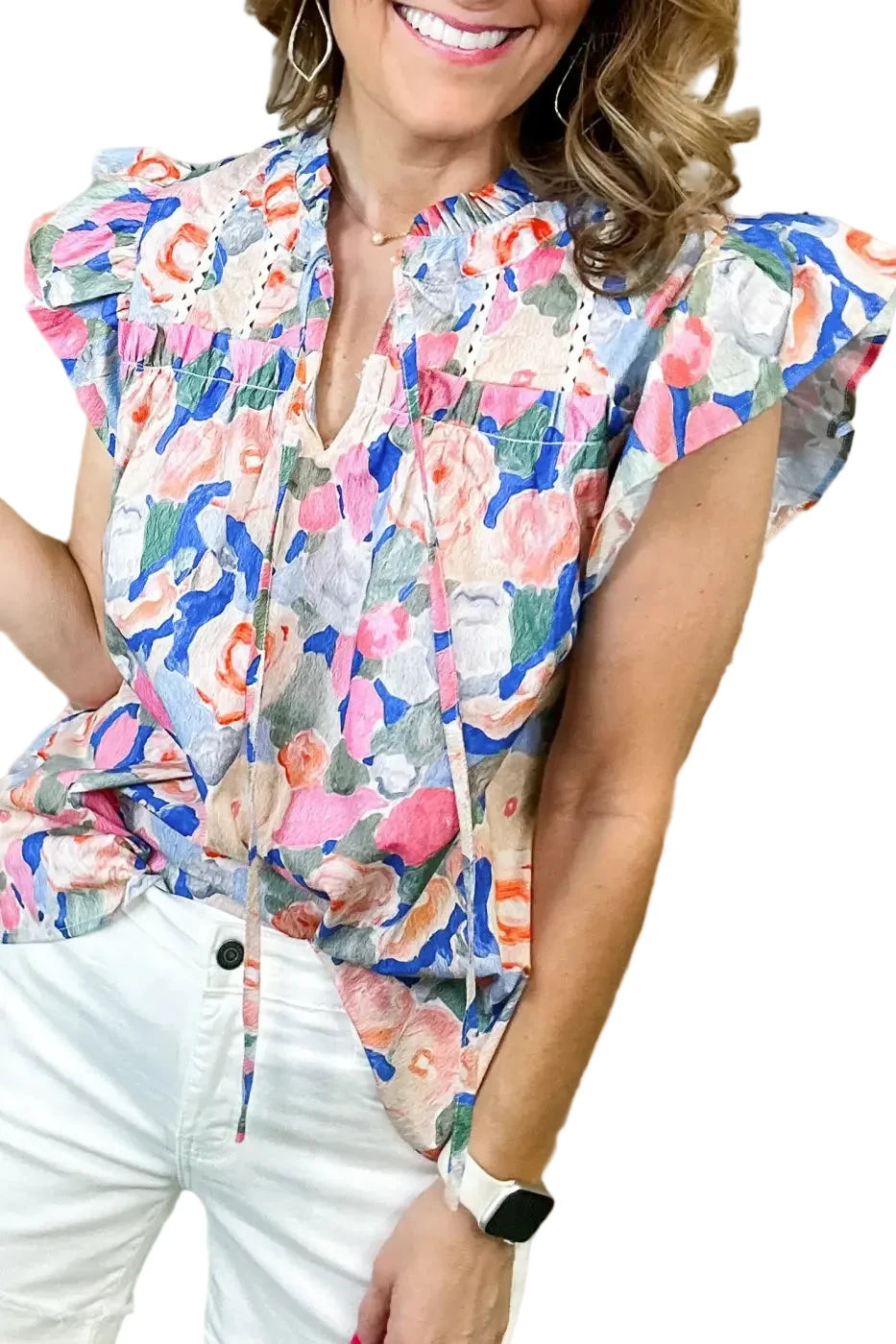 Women’s floral tie v-neck ruffle sleeve blouse | fashionfitz