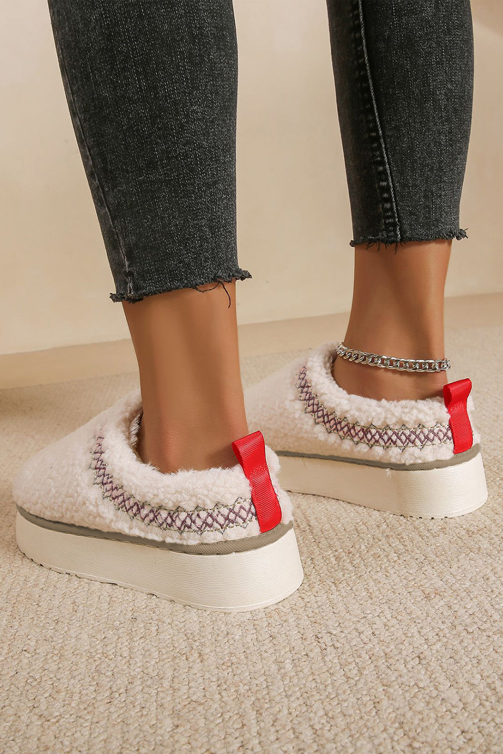 Embroidered Sherpa Plush Winter Slippers