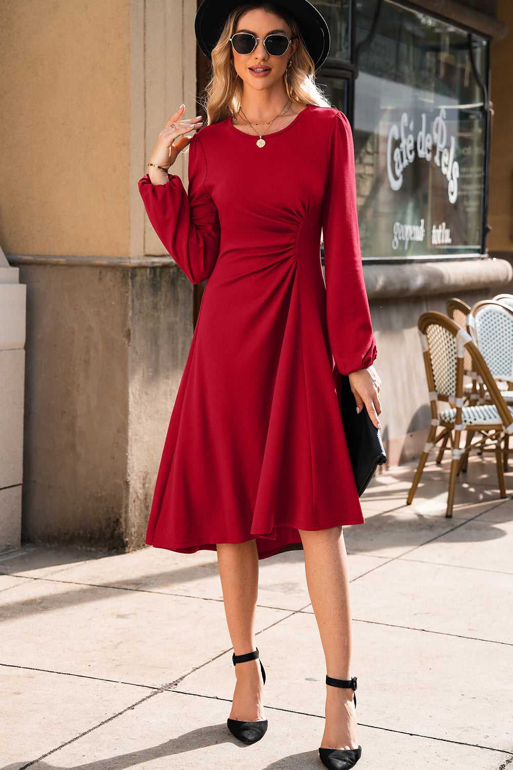 Elegant Red Long Sleeve Drape Midi Dress styled for a casual day out, highlighting its flattering ruched waist design.