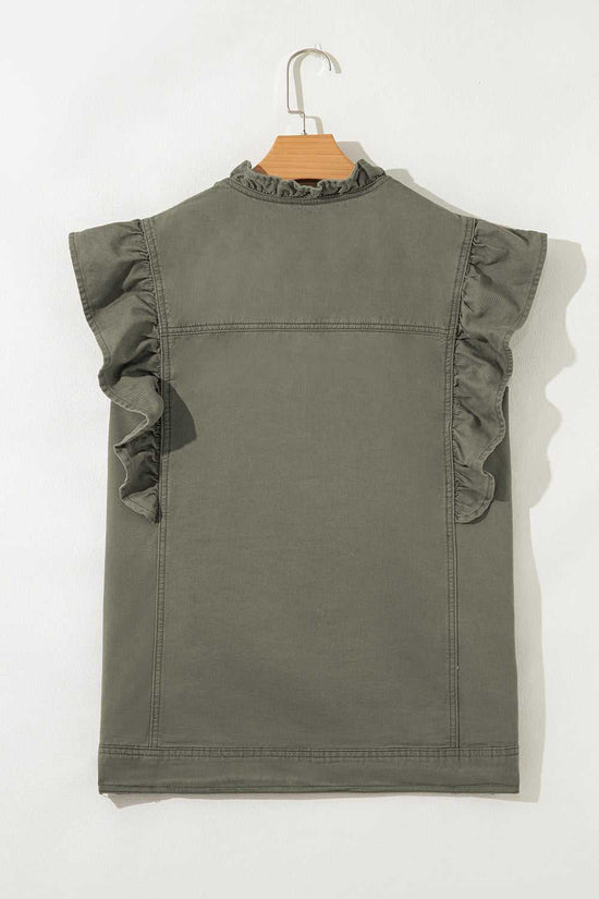Back flat view of Green Bay Ruffled Denim Vest - Women's Fashion Trends displaying clean lines and ruffled sleeve detailing in solid green denim.