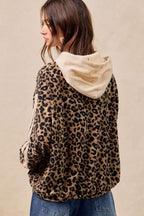 Back view of Leopard Print Waffle Knit Kangaroo Hoodie showing relaxed fit and beige hood, ideal for fall casual wear.