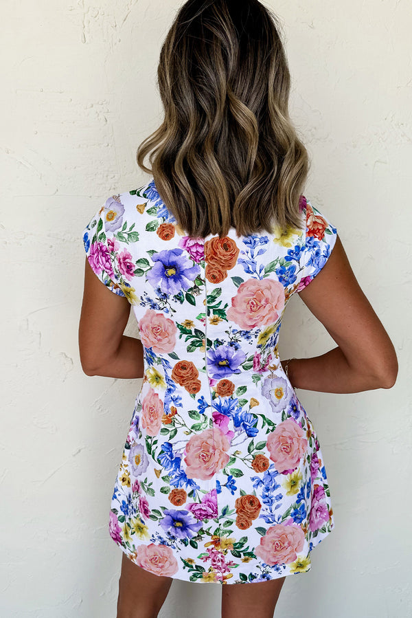 Sky blue floral mini dress UK cap sleeve detail close-up