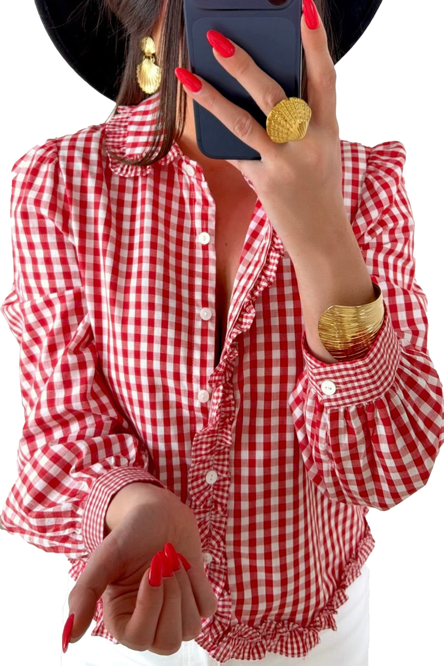 Red tartan frill detail button shirt full length alternative angle — Fashionfitz UK