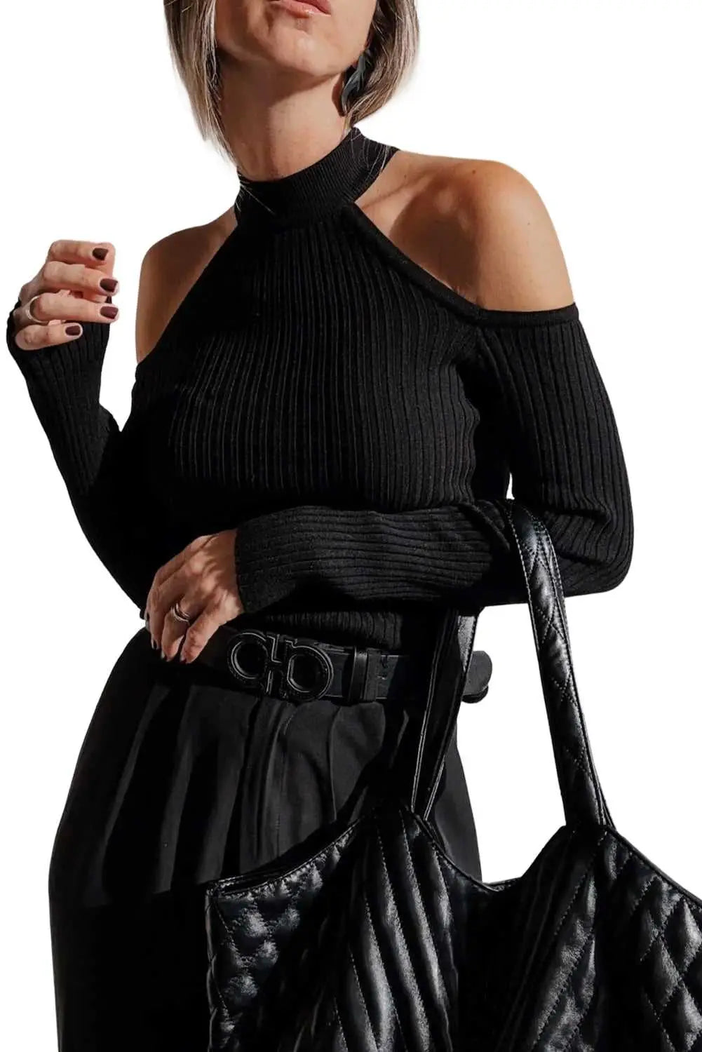 Black cold shoulder choker neck sweater sweaters